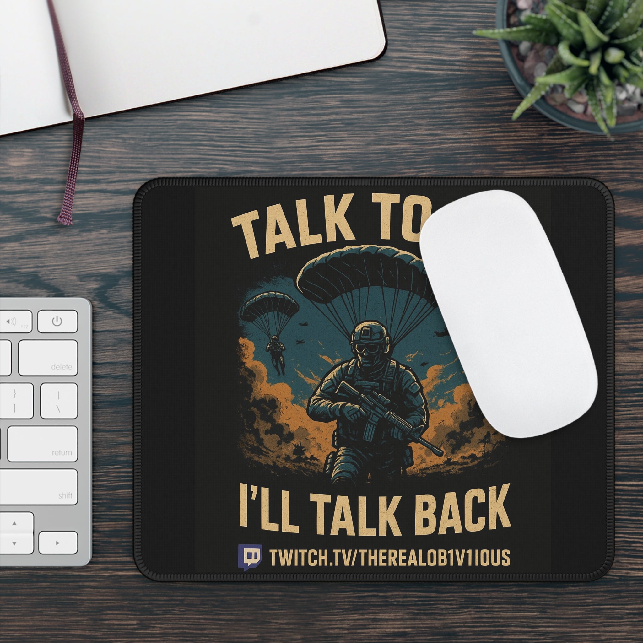 Stylish Gaming Mouse Pad with Military Theme, Talk to Me I'll Talk Back, Gamer Accessories, Desk Decor, Twitch Gift, Battle Royale [...]