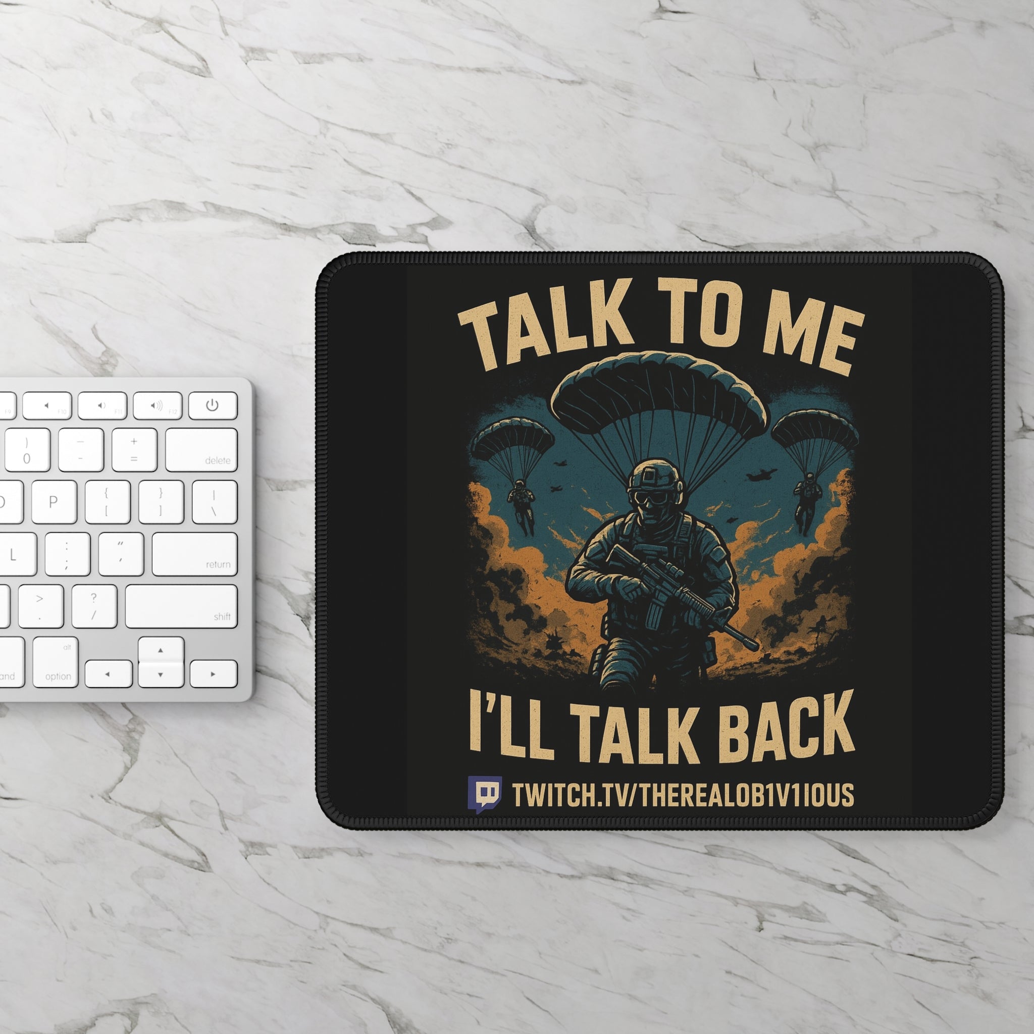 Stylish Gaming Mouse Pad with Military Theme, Talk to Me I'll Talk Back, Gamer Accessories, Desk Decor, Twitch Gift, Battle Royale [...]